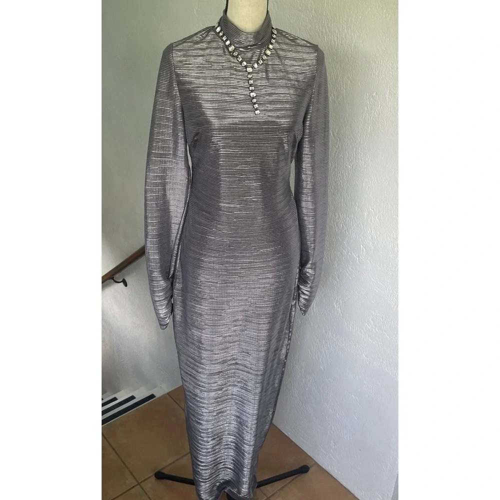 Free People NWOT Mila Metallic Maxi Dress  Open Back Silver Gray Shimmer Large